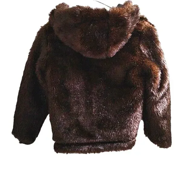 REVERSIBLE Jacket Faux Fur GIRLS Size 7 BROWN Bomber Coat Hooded Faux Leather